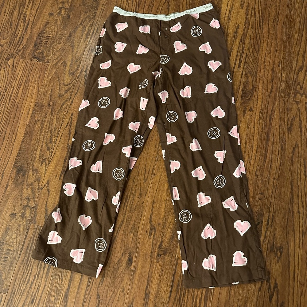 Life Is Good Brown and Pink Pajama Bottoms with Heart Pattern